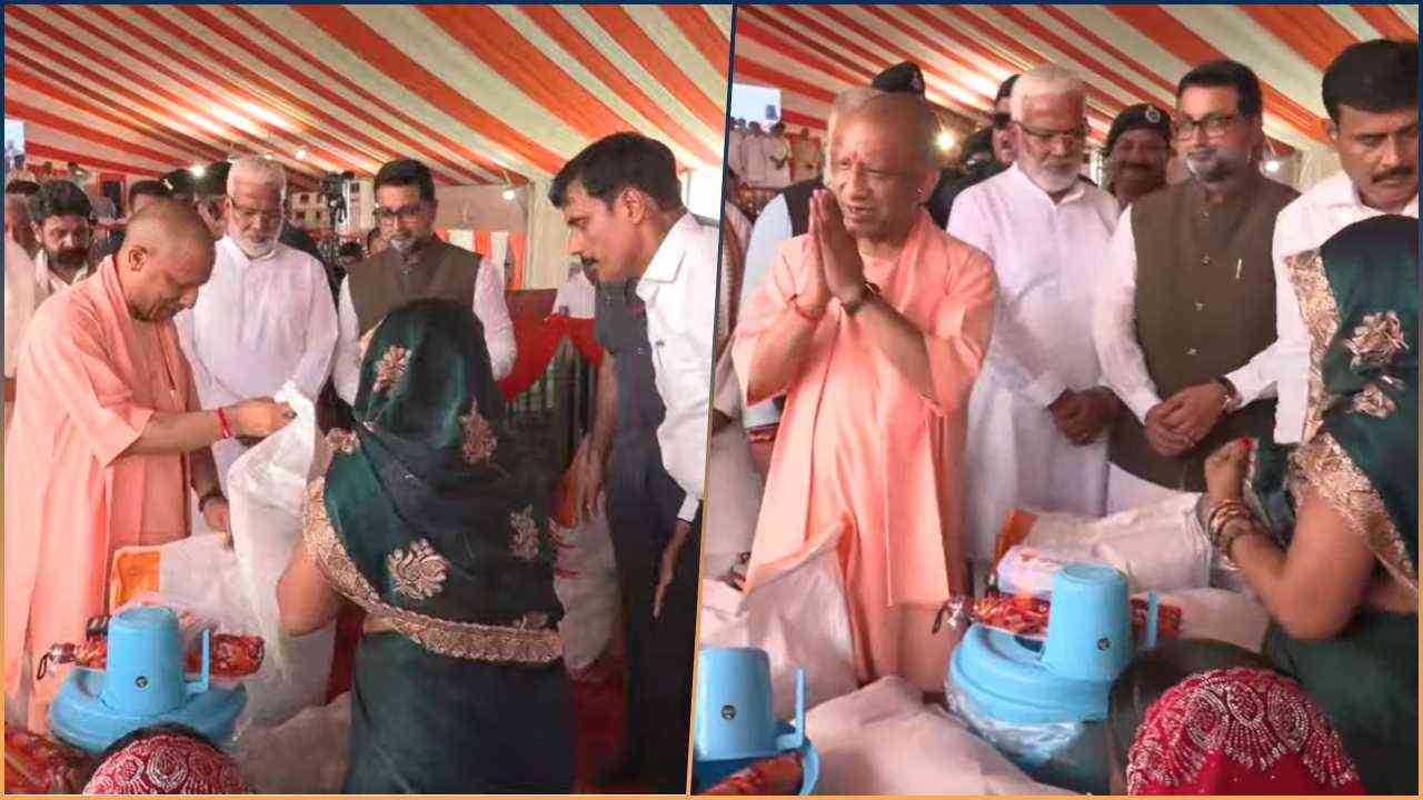 बलिया में बाढ़ प्रभावित इलाकों का CM योगी ने किया हवाई सर्वेक्षण, पीड़ित परिवारों को बांटी राहत सामग्री