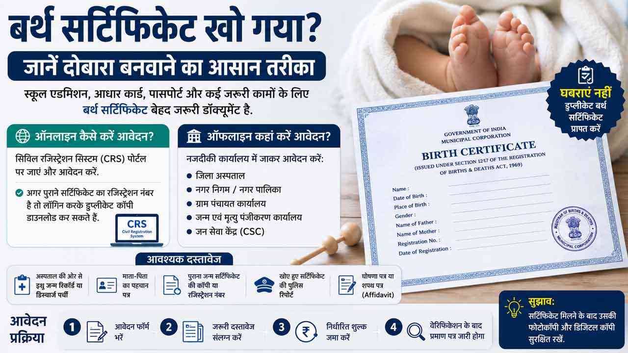 बर्थ सर्टिफिकेट खो गया? जानिए डुप्लीकेट कॉपी बनवाने का आसान तरीका और पूरी प्रक्रिया